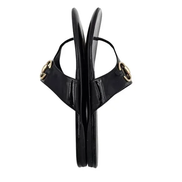 Gucci Horsebit Flat Thong Sandal Black Patent Leather Silver Size 7.5 - Picture 6 of 11